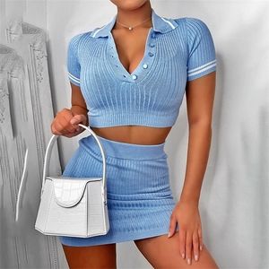 2 stks sets korte mouw casual bodycon outfits knop crop top breien ribbed mode dames rok coördet set 220719
