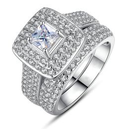 2pcs establece el anillo de compromiso de la boda para mujeres nupciales clásicos cuadrados cortes cúbicos circonía cristal plate color joyería de moda chirstmas gif216q