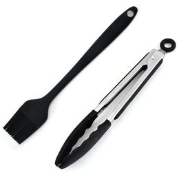 2pcs Silicone Food Tong Basting Brush Set Huile Brush Brush Cuisines Tongs BBQ Grill Clip de viande Salade de gâteau Sauce à gâteau