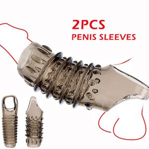2pcs Silicone Open Tip Penis Sleeves Reutilisable Flexible GlArger Extender Delay Ejaculation Cock Ring Adult Toys Sexy Toys
