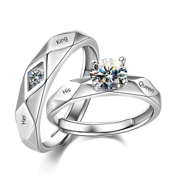 2 uds Color plata su reina su rey moda pareja amante anillo de promesa para mujer hombre Unisex plata esterlina CZ joyería de boda X0715