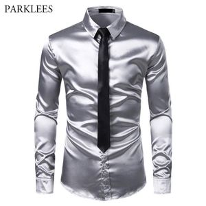 2 stuks Zilver Zijden Overhemd Heren Satijn Gladde Tuxedo Shirts Casual Button Down Heren Overhemden Bruiloft Prom Chemise Homme 20260a