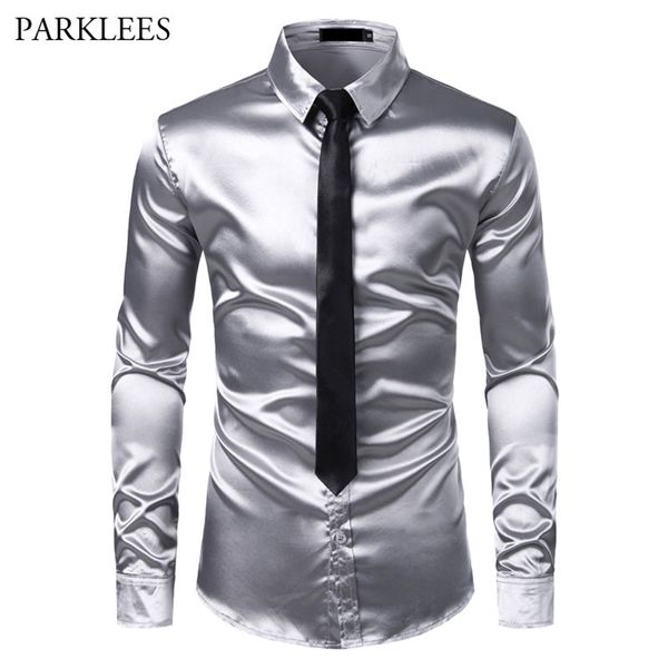 2pcs Silk Silk Shirt + Cravate Mens Satin Sac Satin Smisse Tuxedo Chemises Casual Bouton Down Hommes Robe De Chemise Fête de mariage Chemise Homme 210708