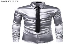 2pcs Silk Silk Shirttie Mens Satin Smooth Tuxedo Shirts Casual Bouton Down Down Dress Shirts Mariage Prom Chemise Homme Y22128532