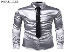 2PCS Silk Silk Shirttie Mens Satin Smooth Tuxedo Shirts Casual Bouton Down Down Dress Shirts Prom Prom Chemise Homme Y24494500