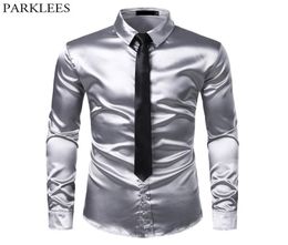 2pcs Silk Silk Shirttie Mens Satin Smooth Tuxedo Shirts Casual Bouton Down Down Dress Shirts Prom Prom Chemise Homme Y24730712