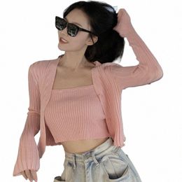 2 pièces Slim Camisole tricot Cardigan veste costume pour les femmes printemps boutique en plein air UV Protocti hauts hauts décontractés 96ot #