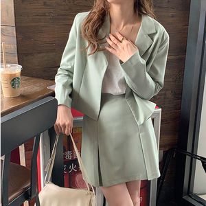 2 stks SM Vrouwen Blazer Rok Set Lente Herfst Preppy Stijl Roze Groene Blazer + Mini Rokken Twee Stukken Kleding Set (X1875) 210423