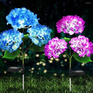 2 pièces lumière solaire d'hortensia fleur 3 têtes lampes de pelouse avec piquet pour la décoration de pays de Patio de jardin extérieur