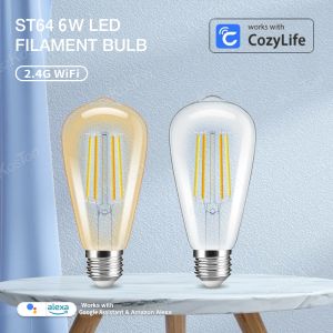 2PCS ST64 Smart Filament Bulb E27 WiFi LED Lampy Retro Style CozyLife App Dimmable Light White White Voice fonctionne avec Alexa Google