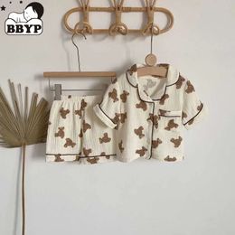 2pcs Sumbber Kids Pyjamas Corée à manches longues Print Bours cardigan et pantalon Cotton Musline Yarn Slembear 240528