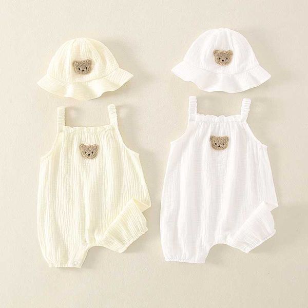 Conjunto de ropa de verano para bebé, 2 uds., con gorra para niño pequeño, mono de una pieza con oso bonito, mono con tirantes, sombrero de pescador, traje de mono para niña y niño L230625