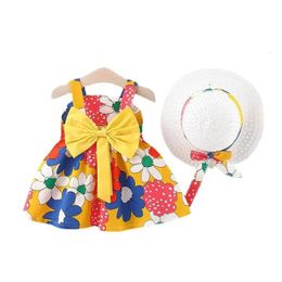 2 stks zomer mouwloze babyjurk boog bloemen peuter kleerselsunhat strand prinses jurk geboren meisjes kleding 240412