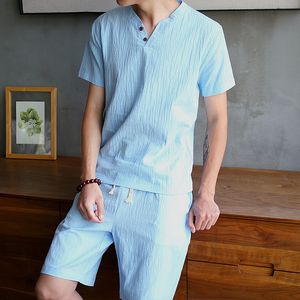 2 uds., camisetas de verano, conjunto de lino y algodón, chándal informal para hombre, ropa estampada de moda coreana de estilo chino