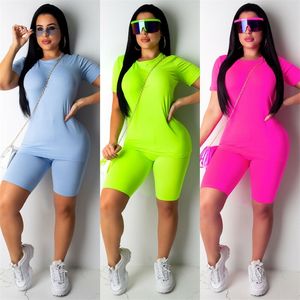 2 pièces été femmes sport costume à manches courtes haut et Biker Shorts ensembles entraînement survêtement mode décontracté solide 2 pièces ensemble 220527