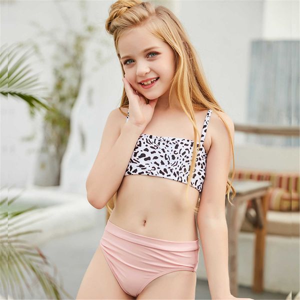 2 pièces enfant en bas âge bébé filles maillots de bain ensemble enfants bustier tubulaire imprimé léopard fronde dos nu Bikini maillots de bain mignon maillot de bain 2021