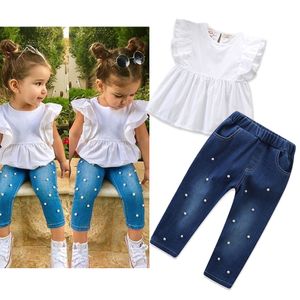 2 stks peuter kind baby meisje kleding solide katoen linnen uit schouder mouw top shirt denim gescheurde broek met parel outfit 3-8Y