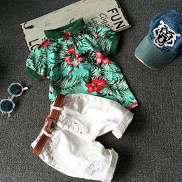 2pcs Toddler Kids Baby Boy Fashion Sets Flower Polo Shirt + White Short Pants Outfits Cotton Summer Clothing Set