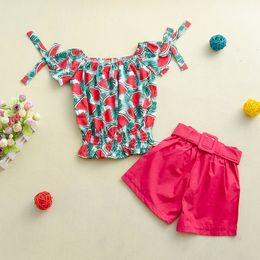 2 unids niños pequeños niños bebés trajes conjuntos de ropa 2-7y flores imprimir fuera del hombro tops pantalones cortos pantalones 2 colores C0225 2608 Q2