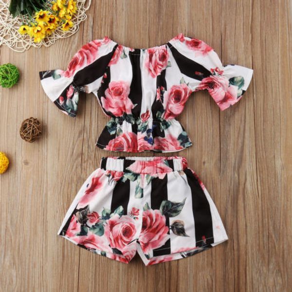 2pcs Toddler Kids Girls ensemble de vêtements de marque Stripe Floral Tunic Tops + Shorts Outfits Set Vêtements 1-6y