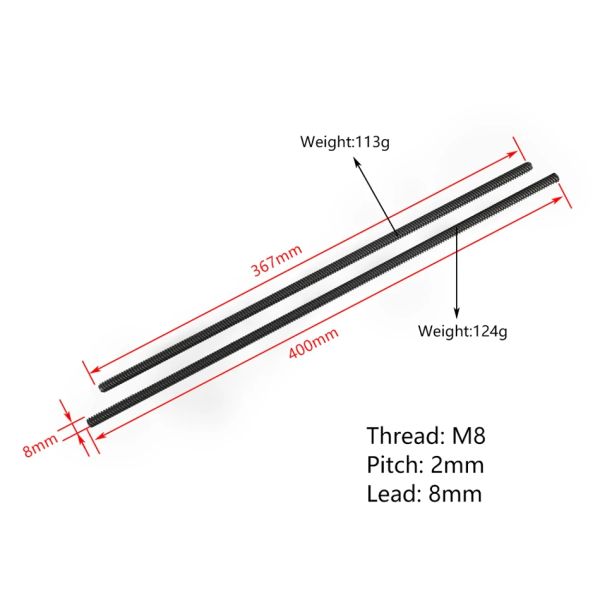 2 piezas Tornillo de plomo T8 T8 de alta calidad T8 de alta calidad de longitud de 8 mm 367 mm 400 mm Pitch 2 mm con tuerca de pompone pernos de motor paso a paso 3D piezas