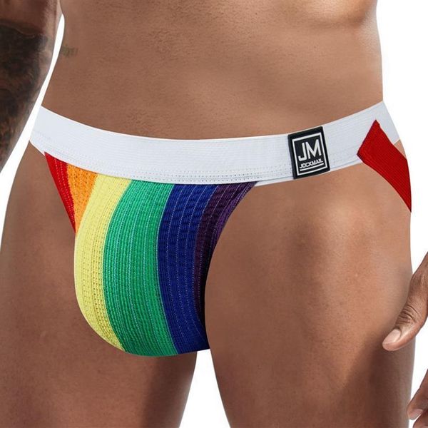 2 pièces sous-vêtements hommes Jockstrap Lingerie Sexy tongs Tanga culotte sangle de gymnastique bref sissy Gay caleçon arc-en-ciel blanc maille 2203282549