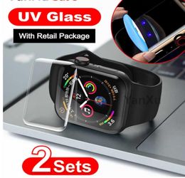 Protecteur d'écran en verre UV, 2 pièces, pour Apple Watch série SE 6 5 4 40mm 44mm 3 2 1 42mm 38mm, colle liquide, film de couverture complète 1240603