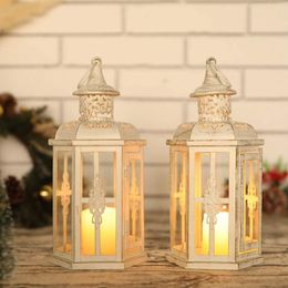 2Pcs Vintage Hanging Candle Holder Decorative Lanterns -10inch High Lantern Metal Candleholder White with Gold Brush