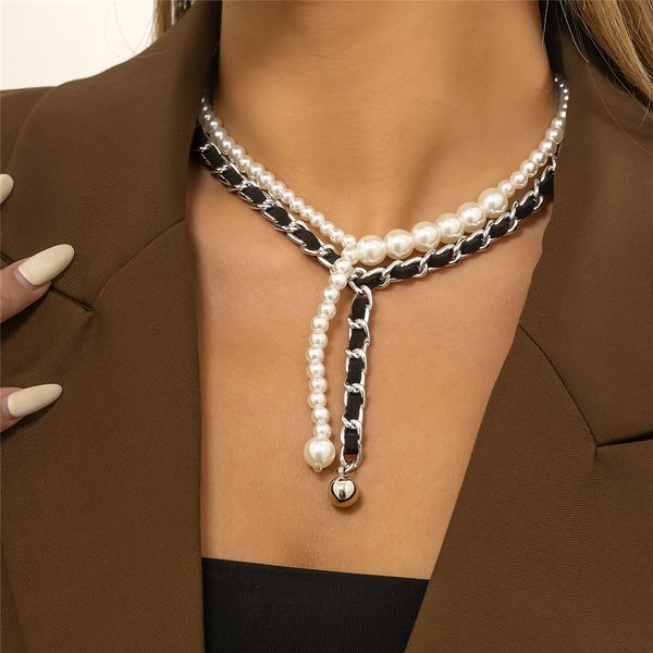Collier Vintage en cuir PU avec chaîne de perles pour femmes et filles, 2 pièces, gothique, Punk, ras du cou, Hip Hop, accessoires de bijoux Grunge