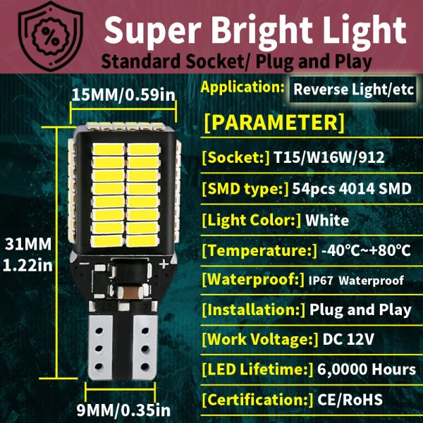 2PCS W16W T15 921 LED CANBUS RETROVER LIGHT BLUB Back Up Lamp pour BMW F25 X3 E89 Z4 E92 F06 F07 F10 F12 F13 E81 1 3 5 6 7 Série 7