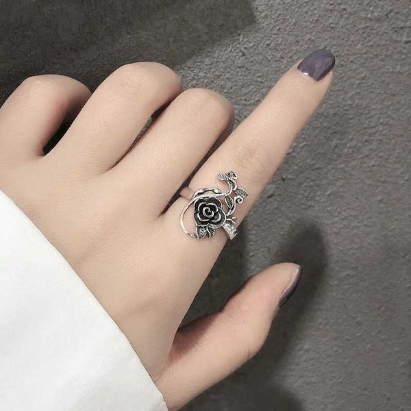 2 piezas anillos de boda buye 925 STERLING Silver Big Flower Ring Talling Rose Grey Ettnic Open Open para mujer Fiesta de moda Círculo de joyería fina