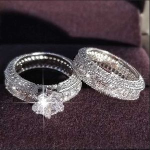 2pcs bagues de mariage exquise Nouveau design argenté couleurs zircon anneau de mariage ensemble pour les femmes de fiançailles