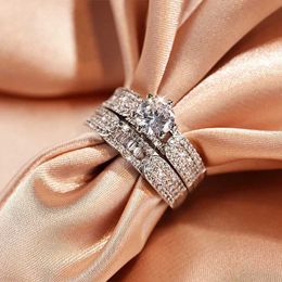 2 stks trouwringen mode dames tweedelige ring glanzende zirkoon geometrische ring dubbele laag dames 925 zilveren ring feest sieraden bruiloft accessorie