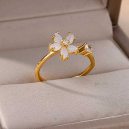2pcs anneaux de mariage anneaux d'opale de fleur pour femmes en zircone cubique anneau en acier inoxydable 2023 Tendance de luxe Mariage floral bijoux esthétique Anillos Mujer