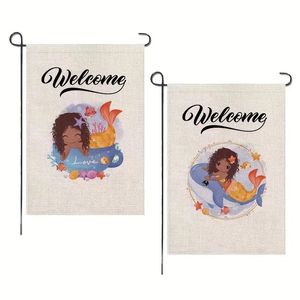 2pcs, Welcome Mermaid Whale Garden Flag 12x18 Inch Double Face Vertical Linen Yard Flags For Farmhouse Yard Holiday Celebration Outdoor Flags Decor