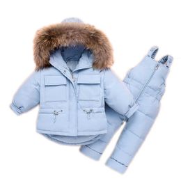 2 unids chaqueta de invierno para niños de manga larga con abrigo con capucha de piel grande + pantalón color sólido nieve niños moda recién nacido bebé mono h0909
