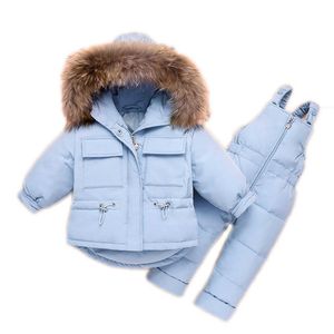 2 stks winter kinderen donsjack lange mouw met grote bont capuchon jas + broek effen kleur sneeuw kinderen mode pasgeboren baby jumpsuit h0909