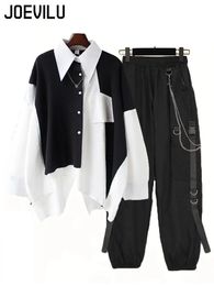 2 pièces vêtements de rue pour femmes chemise ample à manches longues ruban chaîne pantalon de marchandise ensemble de 2 coréen décontracté neutre couple ensemble 240129