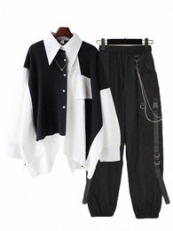 2 stuks dames streetwear outfits losse lg mouw ribb chain cargo broek 2 delige sets koreaanse casual unisex paar pak u15b #