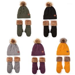 2 pièces femmes hiver fausse polaire doublé chaud câble tricot pompon bonnet chapeau gants ensemble 62KE1