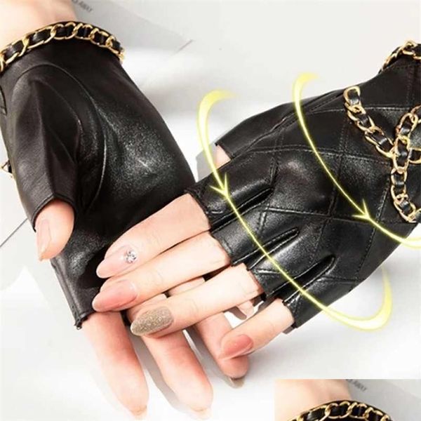 2pcs femmes en cuir authentique demi-gants avec chaîne métallique Skl Punk Motorcycle Biker Glove sans doigt Cool Touch Sn 211224 Drop délivre Dhcle