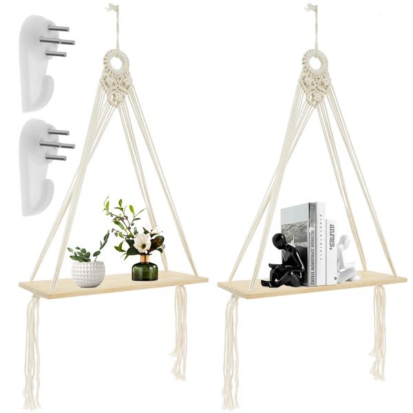 2 pièces étagère murale en bois macramé présentoirs flottants suspendus support de coin de plante pour la décoration de la chambre Boho décoration de la maison 240219