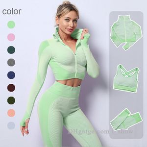 2 uds. Conjuntos de Yoga sin costuras para mujer, conjunto de Yoga, ropa deportiva de entrenamiento, ropa de gimnasio, Top corto de manga larga, mallas de cintura alta, trajes de sujetador deportivo