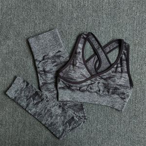 2 pièces Yoga ensemble sans couture Camouflage femmes vêtements de Fitness tenue de sport Leggings de gymnastique rembourré Push Up soutien-gorge à bretelles costumes 220330