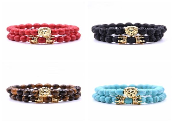 2pcset Animal King Lion Head Red Turquoise Brangle Natural Stone Crown Couple Bracelet Ensembles pour hommes Accessoires de bijoux à la main Men W3731464