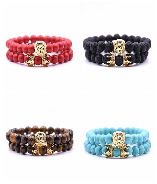 2pcset Animal King Lion Head Red Turquoise Brangle Natural Stone Crown Couple Bracelet ensembles pour hommes Accessoires de bijoux à la main Men W7165123