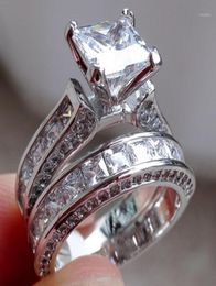 2pcslot Plata Doble Anillos Grandes Conjunto de Compromiso para Mujer Hombres Cubic Zirconia Anillo Mujer Amante Fiesta Boda Joyería19185997