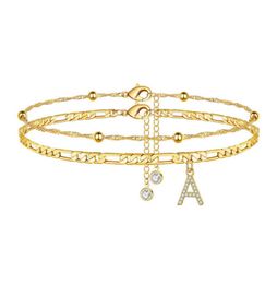 Ensemble de bracelets de cheville plaqués or véritable 14K pour femmes, bijoux de plage, hexagone, lettre initiale de l'alphabet AZ, clair, été 2768978, 2 pièces