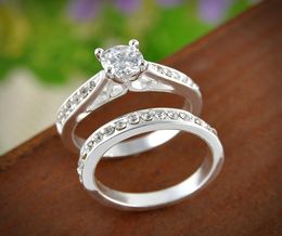2PCSSet Charm Lovers Ring Bijoux Fashion Jewelry Bijoux Silver Crystal Engagement Wedding Rings For Women Men9764238
