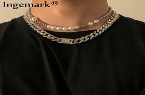 2PCSSet Luxe Iced Out Out Rhinestone Chain Fashion Punk Simulated Pearls Choker Necklace Women Man Miami Cuban Collier Bijoux Penda1689227